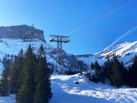 The mountain cable car Col du Pillon - Cabane - Scex Rouge (Glacier 3000 cableway) or Aerial ropeway ride (Aerial tramway), Les Diablerets - Canton of Vaud, Switzerland (Suisse)の写真素材