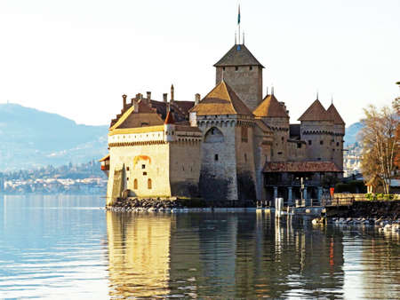 Chillon Castle (ChÃ¢teau de Chillon or Das Schloss Chillon) on the shores of Lake Geneva  (lac de GenÃ¨ve, lac LÃ©man or Genfersee), Veytaux - Switzerland / Suisseのeditorial素材