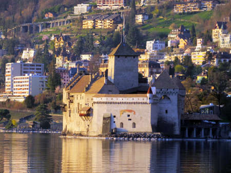 Chillon Castle (ChÃ¢teau de Chillon or Das Schloss Chillon) on the shores of Lake Geneva  (lac de GenÃ¨ve, lac LÃ©man or Genfersee), Veytaux - Switzerland / Suisseのeditorial素材