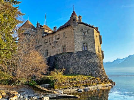 Chillon Castle (ChÃ¢teau de Chillon or Das Schloss Chillon) on the shores of Lake Geneva  (lac de GenÃ¨ve, lac LÃ©man or Genfersee), Veytaux - Switzerland / Suisseのeditorial素材