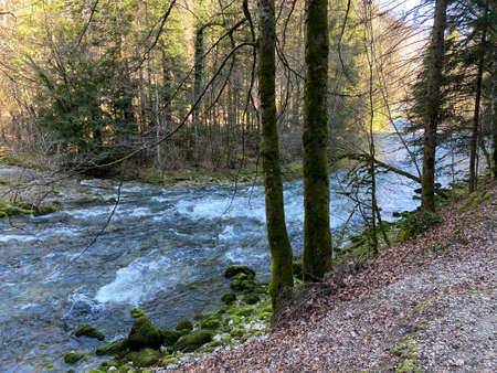 The course of the river Orbe between the cave or spring and the settlement of Vallorbe (der Fluss...