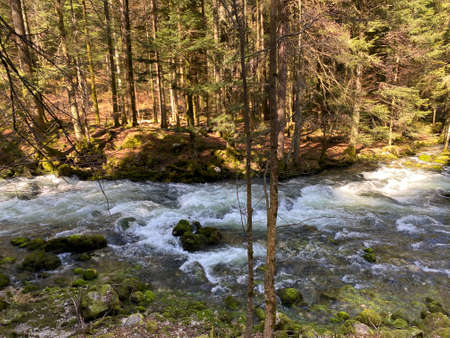 The course of the river Orbe between the cave or spring and the settlement of Vallorbe (der Fluss...