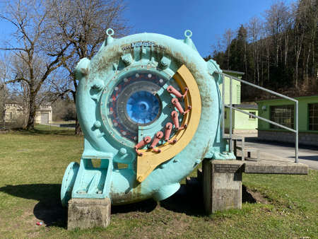 Bache spiral turbine Francis next to the hydroelectric plant La Dernier along the river Orbe, Vallorbe - Canton of Vaud, Switzerland (Kanton Waadt, Schweiz)の写真素材