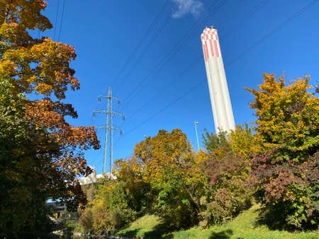 The chimney from a thermal power plant Aubrugg (Hhkw Aubrugg or Heizkraftwerk Aubrugg) - ZÃ¼rich (Zuerich or Zurich), Switzerland (Schweiz)の写真素材