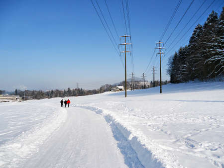 Winter trails for sports and recreation around the artificial reservoir GÃ¼bsensee (Guebsensee or GÃ¼bsen Lake) above the canyon of the river Sitter - Switzerlandのeditorial素材