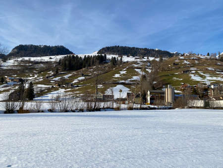Ski and cross-country ski trails in the Thur river valley and in the Swiss alpine region Obertoggenburg, Alt St. Johann - Canton of St. Gallen, Switzerland (Schweiz)の写真素材