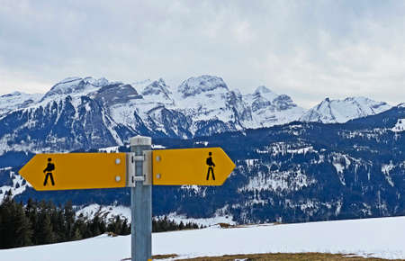 Hiking markings and orientation signs with signposts for navigating in the idyllic winter ambience on the Alpstein mountain massif and in the Swiss Alps - Wildhaus, Switzerland (Schweiz)の写真素材