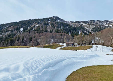 Snow-capped alpine peak Gulmen (or Gulme, 1998 m) in Alpstein mountain range and in Appenzell Alps...