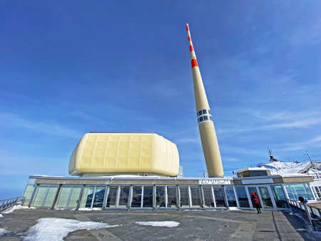 The SÃ¤ntis transmitter - 123 meter high transmission tower made of reinforced concrete (Der Sender SÃ¤ntis - 123 Meter hoher Sendeturm aus Stahlbeton) - Canton of Appenzell Innerrhoden, Switzerlandのeditorial素材