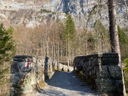 Old stone bridge over the river LÃ¶ntsch and over the canyon LÃ¶ntschtobel at the foot of the alpine reservoir KlÃ¶ntalersee (or Kloentalersee) - Canton of Glarus, Switzerland (Schweiz)の写真素材