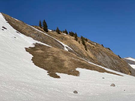 Melting snow cover and early spring ambience in the alpine valleys and icy peaks of the Glarus Alps mountain massif - Canton of Glarus, Switzerland (Schweiz)の写真素材