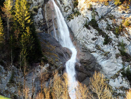 Sulzbachfall waterfall or Sulzbachfall Wasserfall in the KlÃ¶ntal valley (Klontal or Kloental) and next to Lake KlÃ¶ntalersee (Klontaler lake or Kloentalersee) - Canton of Glarus, Switzerland / Schweizの写真素材