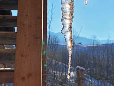 Winter icicles and frozen water formations during harsh winters on the rocks of the Alpstein mountain massif, Nesslau - Obertoggenburg, Switzerland / Schweizの写真素材