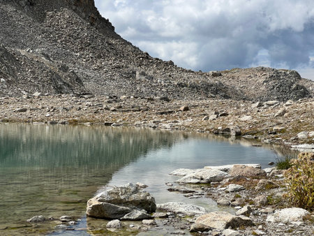 The JÃ¶riseen (Joeriseen or Joriseen) - group of Alpine lakes located ih the Silvretta Alps mountain range and in the Swiss Alps massif, Davos - Canton of Grisons, Switzerlandの写真素材