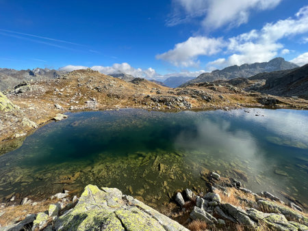 Early autumn on the alpine lakes Laghi della Valletta in the mountainous area of the St. Gotthard Pass (Gotthardpass), Airolo - Canton of Ticino (Tessin), Switzerland (Schweiz)の写真素材
