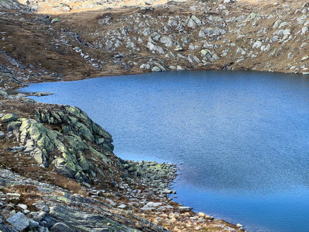 Early autumn on the alpine lakes Laghi della Valletta in the mountainous area of the St. Gotthard Pass (Gotthardpass), Airolo - Canton of Ticino (Tessin), Switzerland (Schweiz)の写真素材