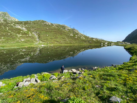 Summer atmosphere on the Lago di Rodont lake (Lake Rodont) in the Swiss alpine area of the mountain St. Gotthard Pass (Gotthardpass), Airolo - Canton of Ticino (Tessin), Schweizの写真素材