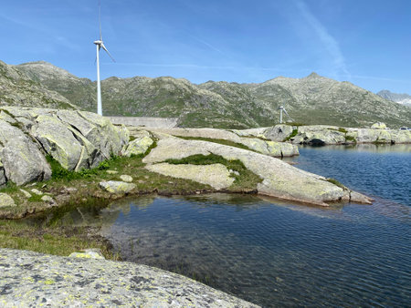 Summer atmosphere on the Lago di San Carlo lake (Lake San Carlo) in the Swiss alpine area of the mountain St. Gotthard Pass (Gotthardpass), Airolo - Canton of Ticino (Tessin)の写真素材