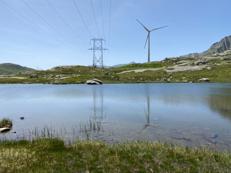 Summer atmosphere on the nameless lakes in the Swiss alpine area of the St. Gotthard Pass (Gotthardpass), Airolo - Canton of Ticino (Tessin), Switzerland (Schweiz)の写真素材