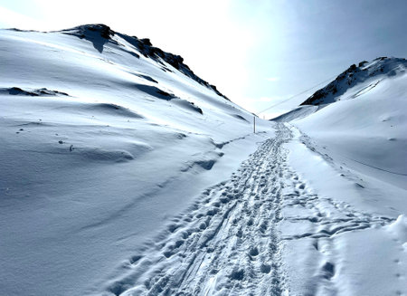 Wonderful winter hiking trails and traces in the fresh alpine snow cover of the Swiss Alps and over...