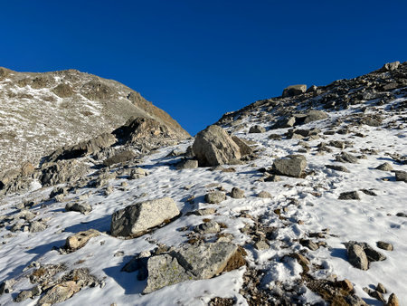 Fresh tracks on the season's first early autumn snow above the road pass Fluela (FlÃ¼elapass) and in the Swiss Albula Alps mountain massif, Zernez - Canton of Grisons, Switzerlandの写真素材