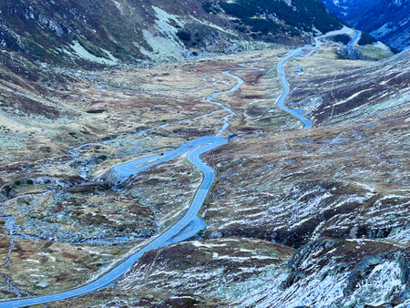 Mountain road crossing Pass Fluela (FlÃ¼elapass, FlÃ¼ela Pass or Pass dal FlÃ¼ela) in the...