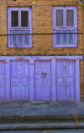 Kathmandu, Nepal_ November 03,2017:colorful house facade with wooden windows and doors in Kathmanduのeditorial素材