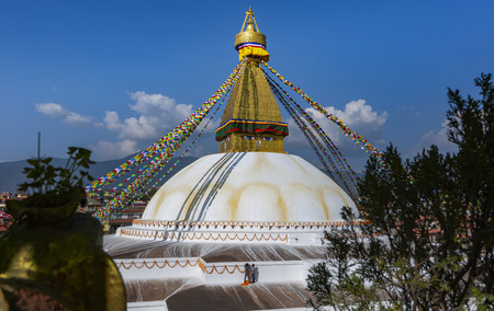 Kathmandu, Nepal-November 02,2017:golden roof of the Stupa of Bodnath in Kathmandu with Tibetan flagsのeditorial素材