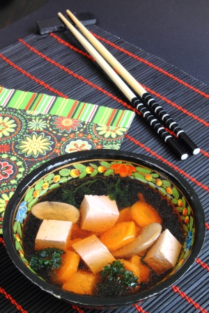Miso soup with tofu and vegetablesの写真素材