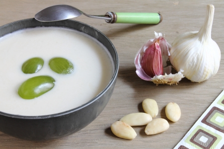 White gazpacho with garlic and almond called ajoblanco in Spain の写真素材