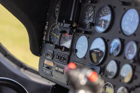 cockpit of a small plane with dashboard and control panel close upの写真素材