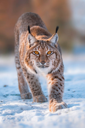 one handsome lynx in snowy winter forestの写真素材