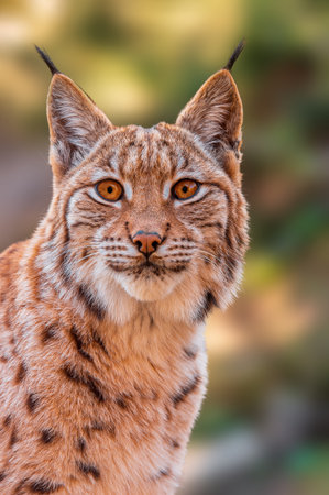 a handsome lynx stays in colorful spring forestの写真素材