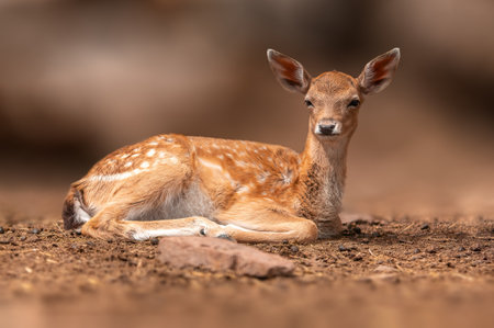 a young fallow deer calf lies in the forest and relaxesの写真素材