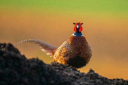 a pheasant rooster (Phasianus colchicus) stands on a mound of earthの写真素材