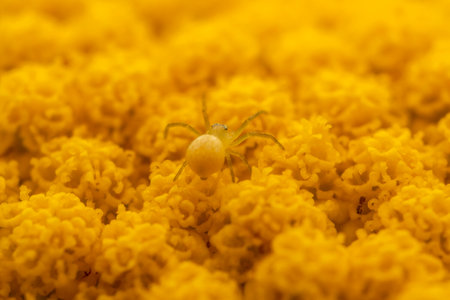 a yellow pumpkin spider camouflage itself on a yellow blooming flowerの写真素材