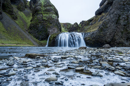 Waterfall at Kirkjubaejarklaustur, Suourland or Southern Iceland, Iceland, Europeの写真素材
