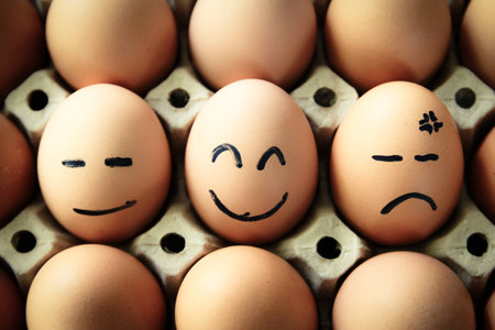 Chicken eggs with drawn face emotions