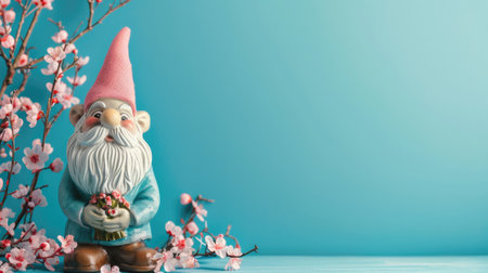 Garden gnome with cherry blossoms on a blue background.の素材