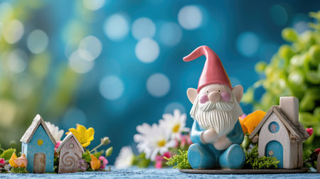 Garden gnome with house and flowers on blue bokeh backgroundの素材