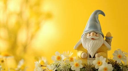 Garden gnome with flowers on a blue background. Place for text.の素材