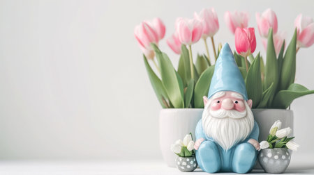 Garden gnome and tulips in a pot on white background with copy spaceの素材