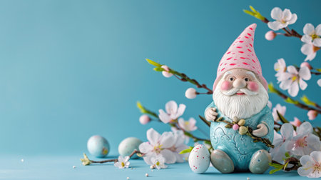 Garden gnome with Easter eggs and spring flowers on blue backgroundの素材