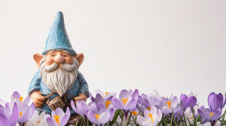 Crocuses and gnome on bokeh background. Spring concept.の素材