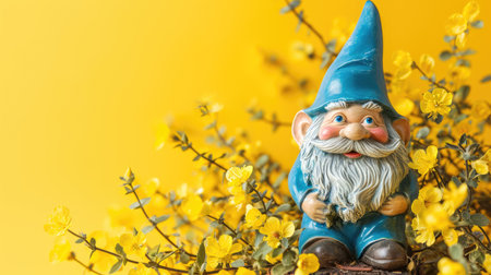 Garden gnome with flowers on a blue background. Place for text.の素材
