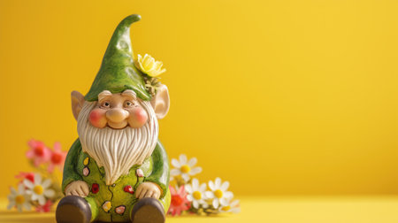 Garden gnome with flowers on a blue background. Place for text.の素材