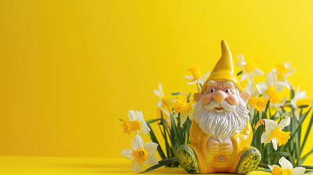 Garden gnome with flowers on a yellow background. Place for text.の素材