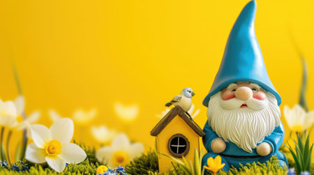 Garden gnome with house and yellow crocus on yellow background.Copy space.の素材