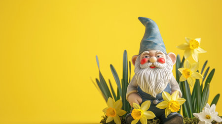 Garden gnome with daffodils on a yellow background.Copy space.の素材