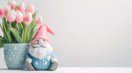 Garden gnome with tulips on white background. Happy Easter concept.の素材